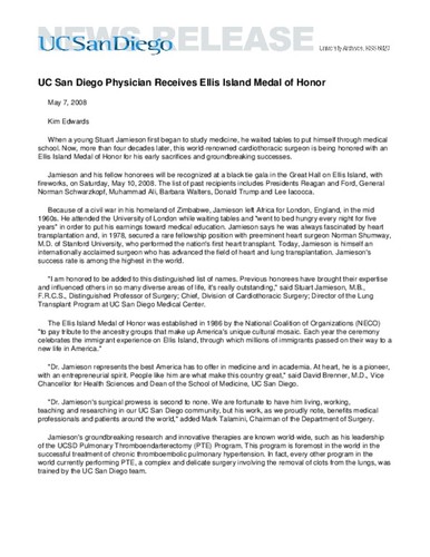 UC San Diego Physician Receives Ellis Island Medal of Honor