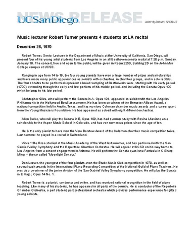 Music lecturer Robert Turner presents 4 students at LA recital
