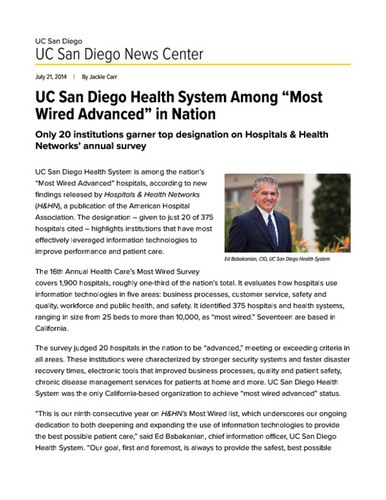 UC San Diego Health System Among “Most Wired Advanced” in Nation