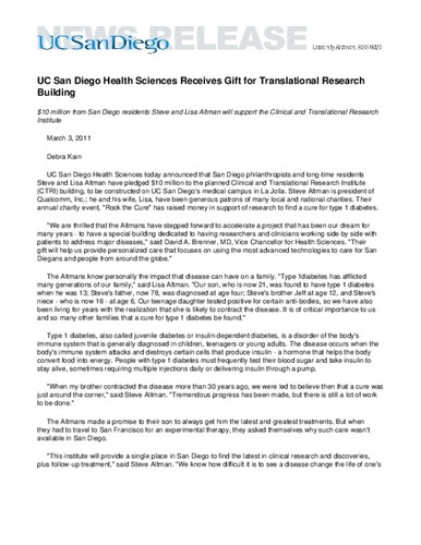 UC San Diego Health Sciences Receives Gift for Translational Research Building--$10 million from San Diego residents Steve and Lisa Altman will support the Clinical and Translational Research Institute