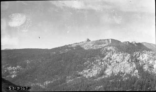 Little Five Lakes area, SNP. Ridges, subalpine forest plan community, timber area, and ridge between Little and Big Five Lakes, right panel of a two panel panorama