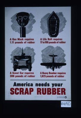 A gas mask requires 1.11 pounds of rubber. A life raft requires 17 to 100 pounds of rubber ... America needs your scrap rubber