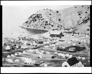 Panoramic view of Avalon Harbor in Catalina, showing residences and tents, 1883