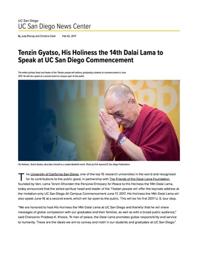 Tenzin Gyatso, His Holiness the 14th Dalai Lama to Speak at UC San Diego Commencement