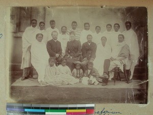 Carl Johan Guldberg and his wife together with a group of Malagasy Medical students, Antananarivo, Madagascar, ca.1880