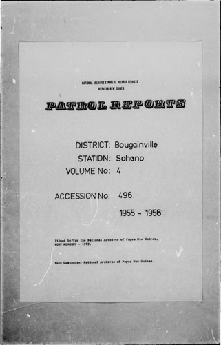 Patrol Reports. Bougainville District, Sohano, 1955 - 1956