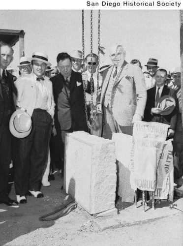 Bing Crosby, California Governor Frank Merriam, Frank McLauglin, and Adolph Muehleisen at a ceremony at the Del Mar Fairgrounds