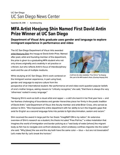 MFA Artist Heejung Shin Named First David Antin Prize Winner at UC San Diego