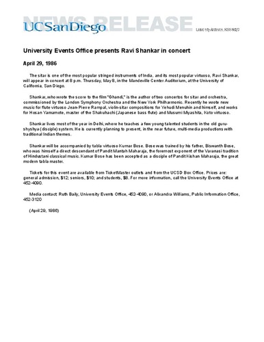 University Events Office presents Ravi Shankar in concert