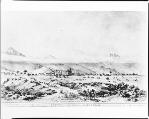 Painting by Edward Vischer depicting the Mission San Gabriel as seen from a distance, ca.1842-1865