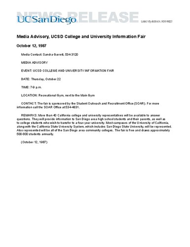 Media Advisory, UCSD College and University Information Fair