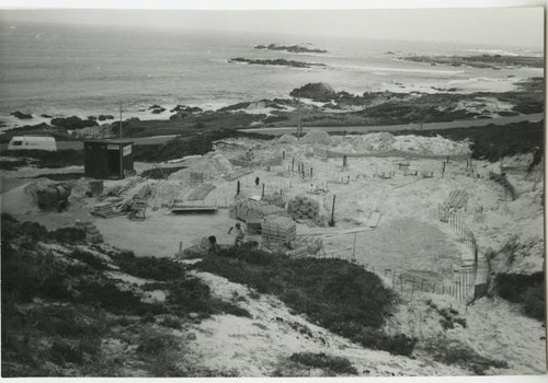 [Shell House] construction, elevated view towards ocean, O'Brien, Mr. and Mrs. James, residential, Pebble Beach