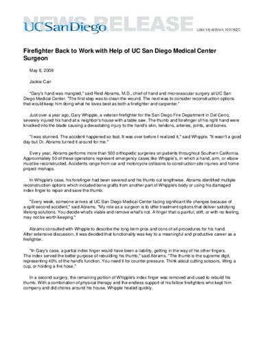 Firefighter Back to Work with Help of UC San Diego Medical Center Surgeon