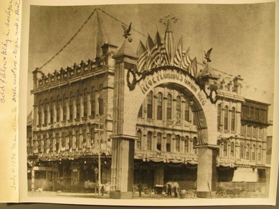 Stockton - Centennial Celebration: Centennial Arch with Odd Fellows Building in background, Main and Hunter sts. McKee and Co