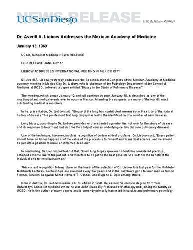 Dr. Averill A. Liebow Addresses the Mexican Academy of Medicine