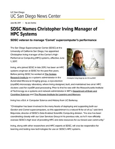 SDSC Names Christopher Irving Manager of HPC Systems