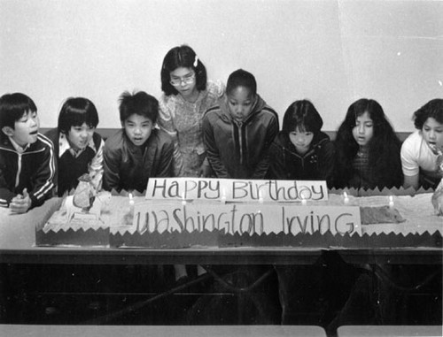 [Group of students at Washington Irving School celebrating the birthday of Washington Irving]