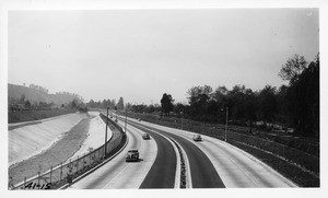 View along the Arroyo Seco Parkway, State Route 205, from pedestrian overpass in Sycamore Grove looking south, Los Angeles County, 1941