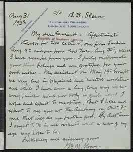 William Milligan Sloane, letter, 1923-08-31, to Hamlin Garland