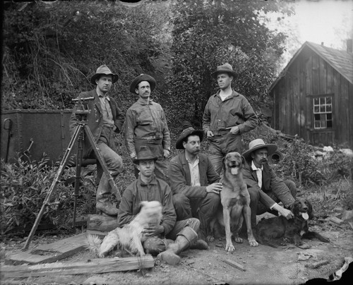 Group portrait of men with dogs, University of California at Berkeley, Summer School of Surveying. [negative]