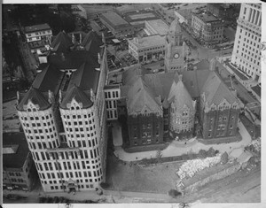 Birdseye view of the old County Courthouse and The Hall of Records, facing west from the tower of City Hall, ca.1927-1935