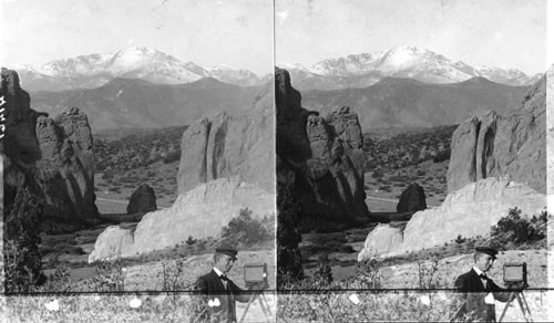 #210 in old 600 set. Pike's Peak through the Gateway of the Garden of the Gods, Colorado. [original neg BWK 17053, 1907]