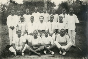 M. Marchaud with pupils of the mission school, in Gabon