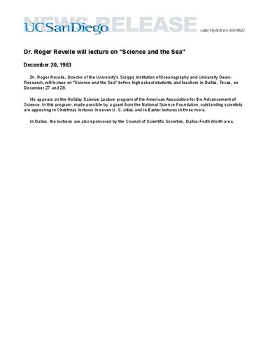 Dr. Roger Revelle will lecture on "Science and the Sea"