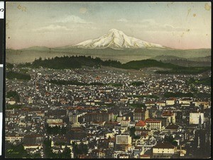 Aerial view of Portland, Oregon, and Mount Hood from Council Crest