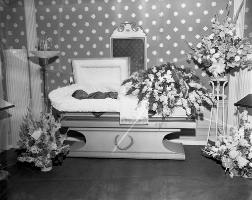 Casket at funeral home, Los Angeles, 1961