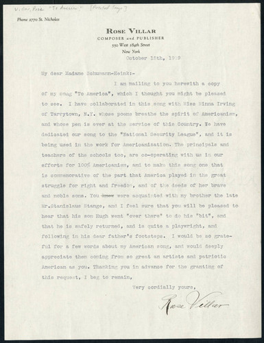 Rose Villar letter to Schumann-Heink, 1919 October 15
