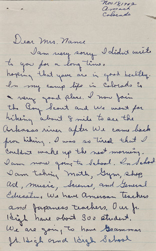 Letter from Nobuo Yasaki to [Afton] Nance, 1942 Nov 18