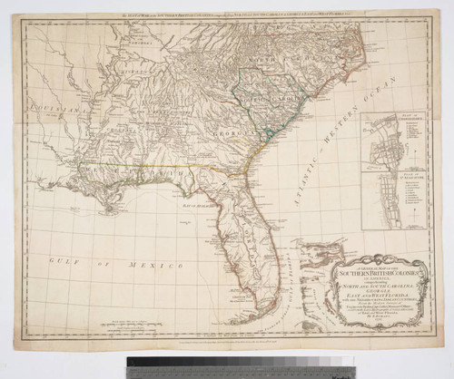 General Map of the Southern British Colonies in America. Comprehending North and South Carolina, Georgia, East and West Florida, with the Neighboring Indian Countries. From the Modern Surveys of Engineer de Brahm, Capt. Collet, Mouzon & Others and from the Large Hydrographical Survey of the Coasts of East and West Florida. By B. Romans, 1776