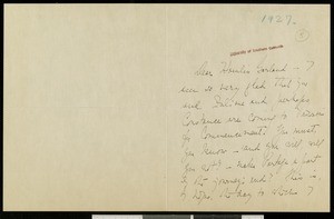 Zona Gale, letter, 1927, to Hamlin Garland