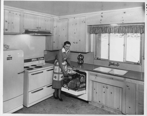 A housewife posed in her home next to the electric dishwasher