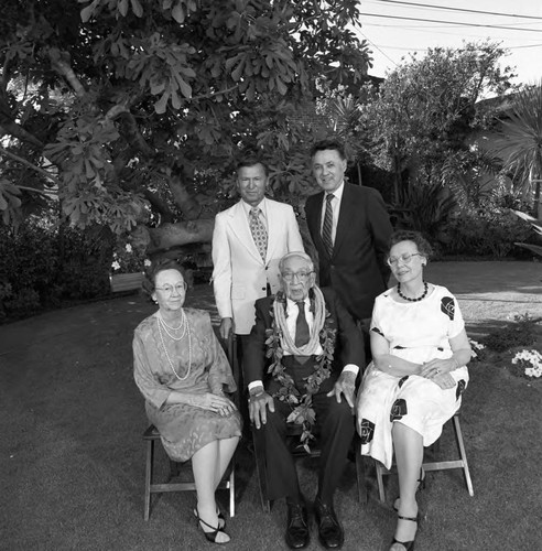 Dr. H. Claude Hudson posing with his children during his 100th birthday celebration, Los Angeles, 1986