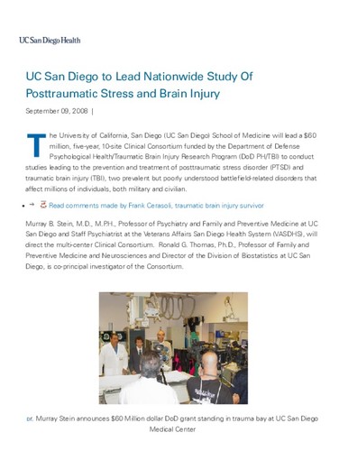 UC San Diego to Lead Nationwide Study Of Posttraumatic Stress and Brain Injury