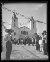 Mexican American children gathered outside Our Lady of of Lourdes Catholic Church, Los Angeles, Calif., 1946