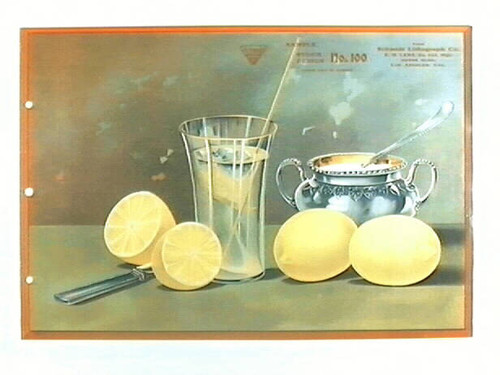 Stock label: lemons with glass of lemonade and sugar bowl