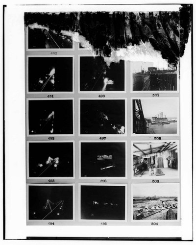 This is a multi-image negative that depicts construction of Long Beach Steam Plant and night lighting in the city. Undamaged images included on the plate are copies of original negatives: 02 - 00491; 02
