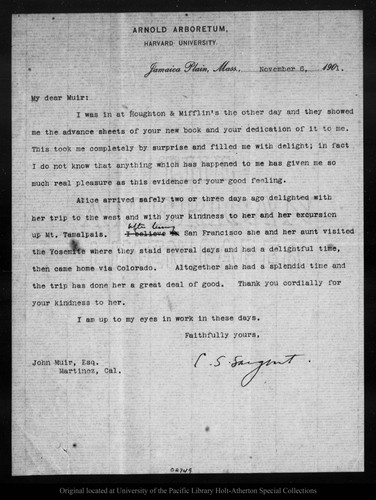 Letter from C[harles] S[prague] Sargent to John Muir, 1901 Nov 6