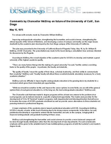 Comments by Chancellor McElroy on future of the University of Calif., San Diego