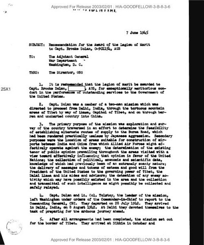 M. Preston Goodfellow letter to Carl F. Eifler memo to the adjutant general recommending Brooke Dolan for Legion of Merit award