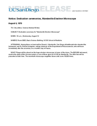 Notice: Dedication ceremonies, Mandeville Electron Microscope