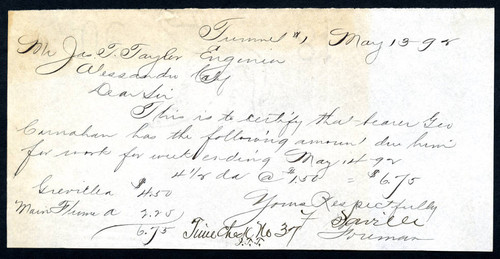 Note from F. Saville to Jas. T. Taylor, 1892-05-13