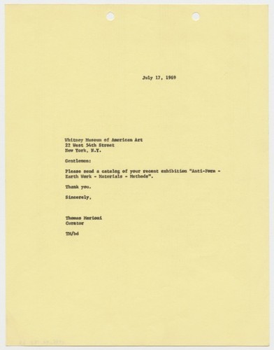 Letter to Whitney Museum of American Art from Tom Marioni (The Return of Abstract Expressionism folder)