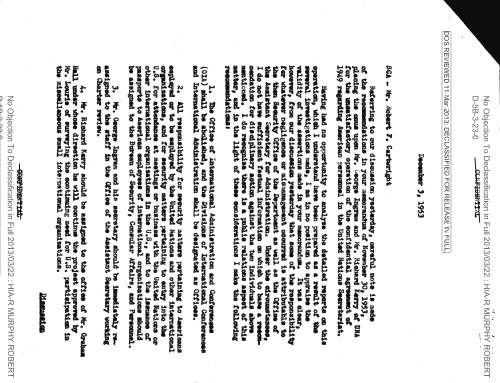 Robert Murphy memo to Robert F. Cartwright regarding agreement of 1949 on American personnel in the United Nations Secretariat