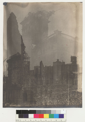 Double exposure. Building with fallen tower is Hall of Justice on Kearny Street