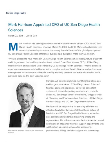 Mark Harrison Appointed CFO of UC San Diego Health Sciences