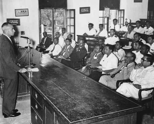 Captain James L. Faughn addressing press conference in Cochin, India, during Lusiad Expedition. September 28, 1962
